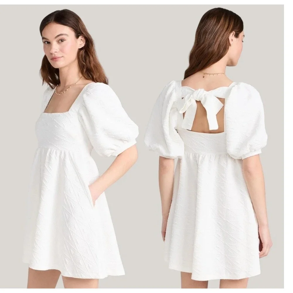 Free People Violet Babydoll Mini Dress Cream Textured Puff Sleeve Tie Back XS